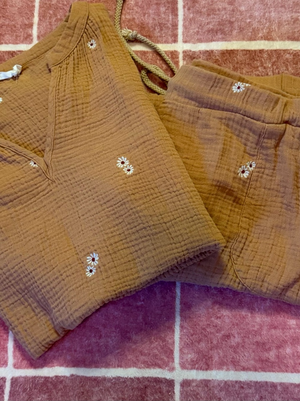 Roolee Mustard Brown Cotton Embroidered Track Pants & Top Set